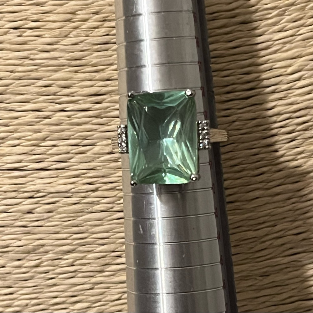 PRE-LOVED AUTHENTIC AQUAMARINE STERLING SILVER EMERALD CUT DIAMOND RING